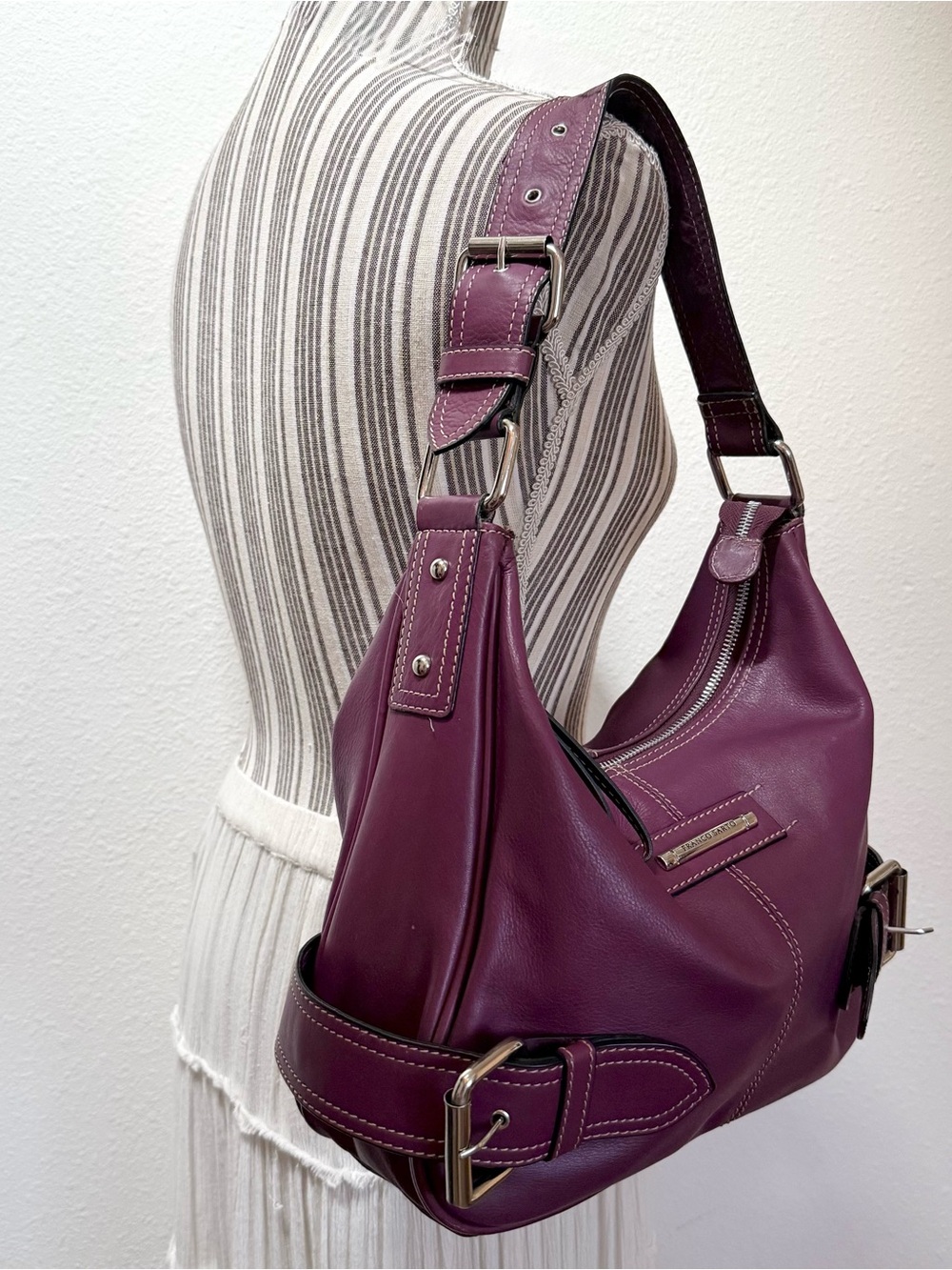 Vintage Franco Sarto Y2K Plum Genuine Leather Buckle Hobo Shoulder Bag